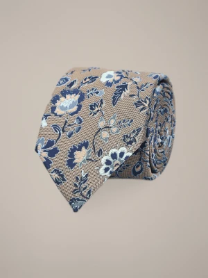 Krawat Beżowy w Niebieskie Kwiaty Lancerto
