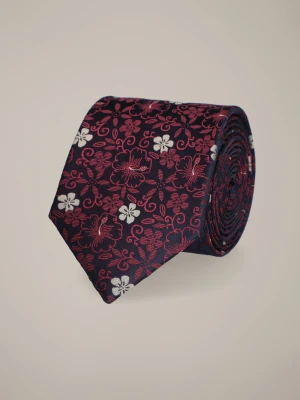Krawat Bordowo-Granatowy Wzór w Kwiaty Lancerto