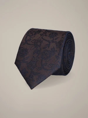 Krawat Brązowo-Granatowy Wzór w Kwiaty Lancerto