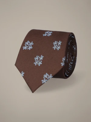 Krawat Brązowy Jedwabny w Kwiaty Lancerto