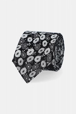 Krawat Czarny Jedwabny w Kwiaty Lancerto