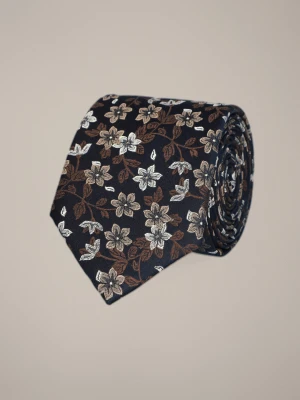 Krawat Granatowo-Brązowy Jedwabny Wzór w Kwiaty Lancerto