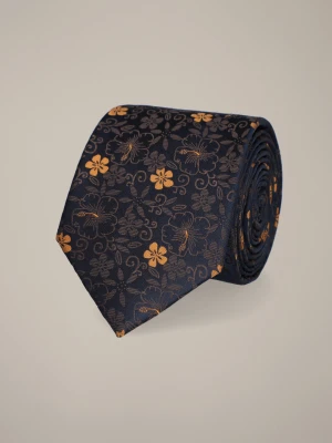 Krawat Granatowo-Brązowy Wzór w Kwiaty Lancerto