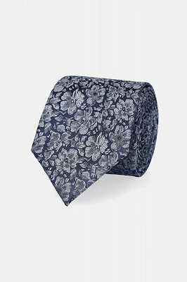 Krawat Granatowo-Szary w Kwiaty Lancerto