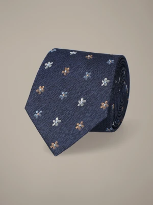 Krawat Granatowy Jedwabny w Kwiaty Lancerto