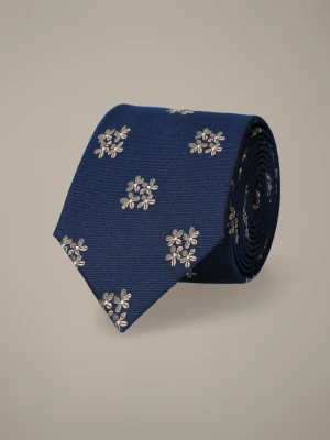 Krawat Granatowy Jedwabny w Kwiaty Lancerto