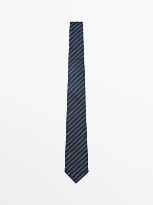Krawat W Podwójne Paski Ze 100% Jedwabiu - Granatowy - Massimo Dutti - Male