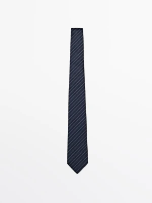 Krawat Ze 100% Jedwabiu W Paski - Granatowy - - Massimo Dutti - Mężczyzna