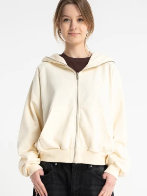 Kremowa bluza BOXY z kapturem  z minimalistycznym haftem z przodu Reporter