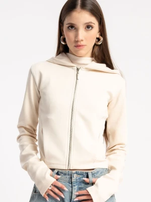 Kremowa bluza z kapturem z modnymi cięciami Reporter