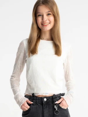 Kremowa bluzka w kwiaty z transparentnej siateczki z topem Reporter