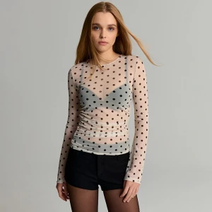 Kremowa bluzka z długim rękawem w czarne kropki House