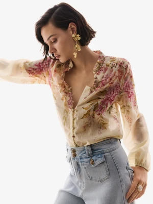 Kremowa koszula ze stójką w kwiatowe wzory TARANKO