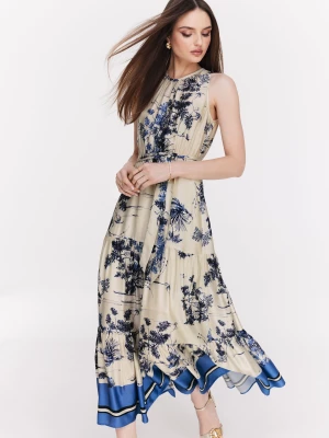 Kremowa sukienka maxi w niebieski print TARANKO