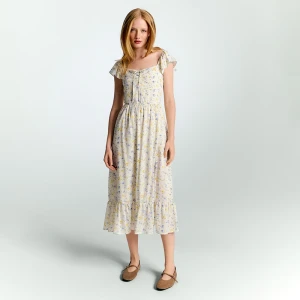 Kremowa sukienka midi w kwiaty z rozcięciem House