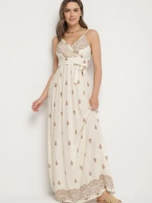 Kremowo-Beżowa Bawełniana Sukienka Rozkloszowana z Kopertowym Dekoltem i Wiązaniem Revevra h&s