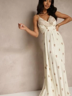 Kremowo-Beżowa Kopertowa Sukienka na Ramiączkach z Bawełny z Wiązanym Paskiem Reveesia h&s