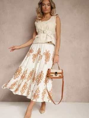 Kremowo-Beżowa Rozkloszowana Spódnica w Ornamentalne Wzory z Wiskozą Sarinea elsa.m by may