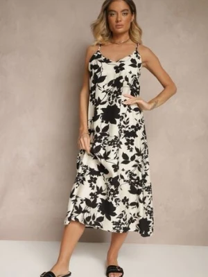 Kremowo-Czarna Sukienka z Wiskozą o Rozkloszowanym Kroju w Kwiaty Thirimi h&s
