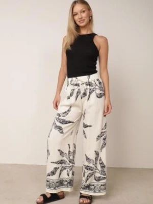 Kremowo-Czarne Spodnie Wiskozowe Szerokie z Florystycznym Motywem Casual Nelinore j&x