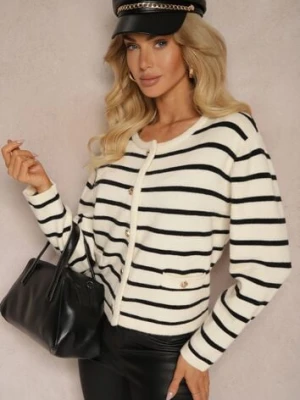 Kremowo-Czarny Kardigan z Dodatkiem Kaszmiru na Guziki Ozdobiony Paskami i Imitacją Kieszeni Ediala tandem