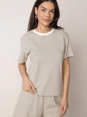 Kremowo-Czarny Klasyczny T-shirt z Bawełny o Prostym Kroju Phemeni glo-story