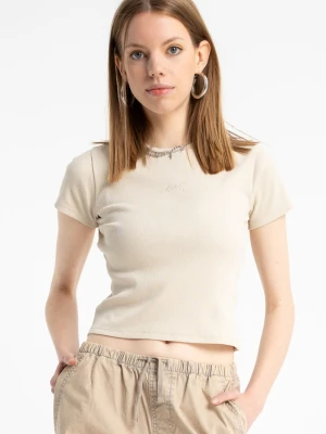 Kremowy CROP TOP z dzianiny prążkowanej Reporter