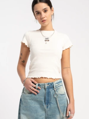 Kremowy CROP TOP z minimalistycznym haftem Reporter