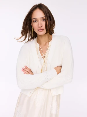 Kremowy kardigan z prążkowanej dzianiny TARANKO