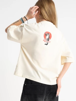 Kremowy t-shirt BOXY z autorską grafiką z tyłu Reporter