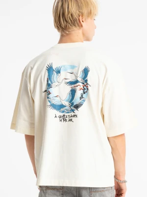 Kremowy t-shirt LOOSE z autorską grafiką z tyłu Reporter