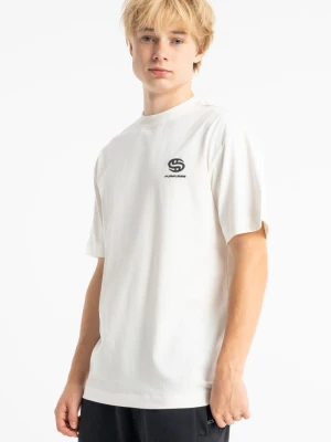 Kremowy t-shirt LOOSE z minimalistycznym nadrukiem Reporter