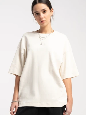 Kremowy t-shirt OVERSIZE z minimalistycznym haftem z przodu Reporter