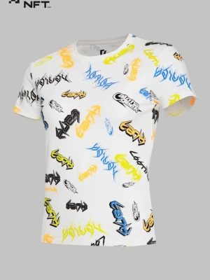 Kremowy T-shirt z nadrukami na całości Reporter