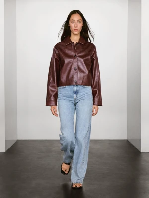 Krótka Błyszcząca Kurtka Ze Skóry Nappa - Bordowy - - Massimo Dutti - Kobieta