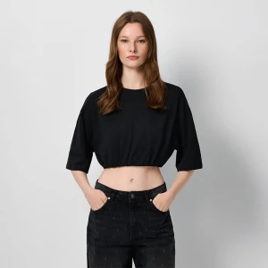 Krótka czarna koszulka z gumką na dole House