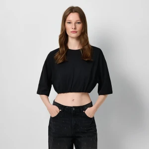 Krótka czarna koszulka z gumką na dole House