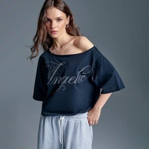 Krótka czarna koszulka z nadrukiem Angelic House