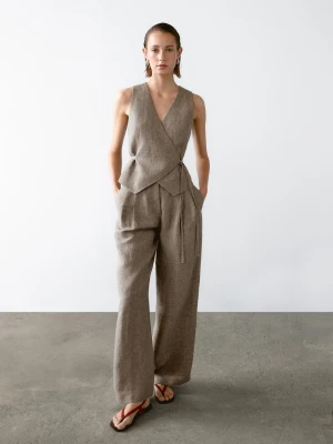 Krótka Dwurzędowa Kamizelka Ze 100% Lnu - Beżowy - - Massimo Dutti - Kobieta