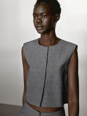 Krótka Kamizelka Z Mieszanki Lnu - Antracytowy - - Massimo Dutti - Kobieta