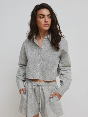 Krótka koszula z lnu i bawełny w paski CZARNO BIAŁE - PORTELA-XS/S Marsala