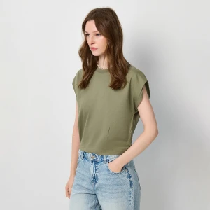 Krótka koszulka basic z okrągłym dekoltemm oliwkowa House