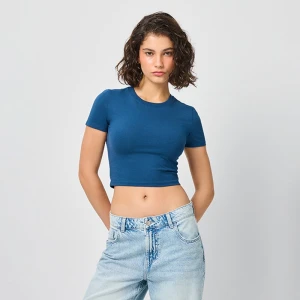 Krótka koszulka z gładkiej dzianiny basic granatowa House