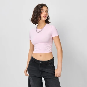 Krótka koszulka z gładkiej dzianiny basic różowa House