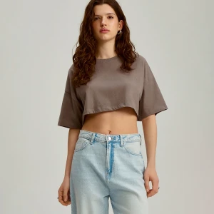 Krótka koszulka z okrągłym dekoltem grafitowa House