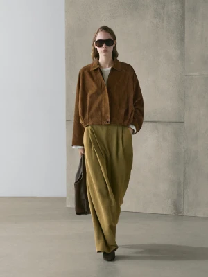 Krótka Kurtka Bomberka Ze Skóry Zamszowej - Brązowy - - Massimo Dutti - Kobieta