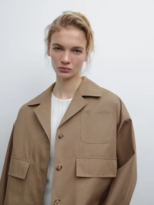 Krótka Kurtka-Peleryna Ze 100% Bawełny - Khaki - - Massimo Dutti - Kobieta