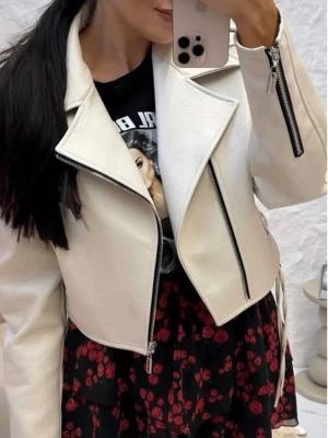 Krótka kurtka ramoneska z eko-skóry ASTRA - jasny beż  magmac 