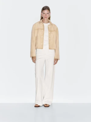Krótka Kurtka Z Zamszowej Skóry - Beżowy - - Massimo Dutti - Kobieta