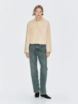 Krótka Kurtka Z Zamszowej Skóry - Beżowy - - Massimo Dutti - Kobieta